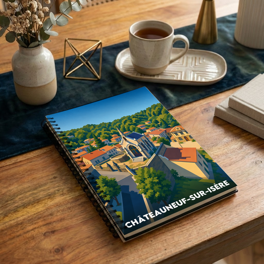 Carnet souvenir de la ville de Châteauneuf-sur-Isère avec une illustration stylisée.