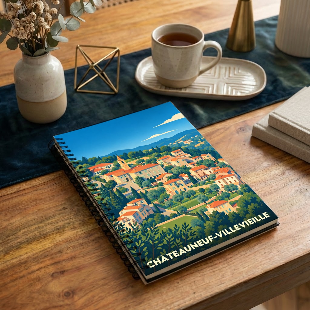 Carnet à spirales souvenir de Châteauneuf-Villevieille avec une illustration stylisée du village provençal.