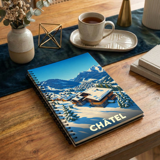 Carnet souvenir de la ville de Châtel avec une illustration stylisée d'un paysage de montagne enneigé.