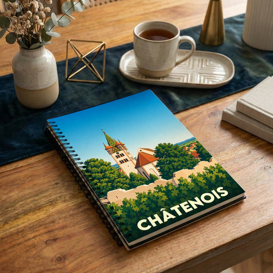 Carnet à spirales souvenir de la ville de Châtenois avec une illustration stylisée de son église et de ses remparts.