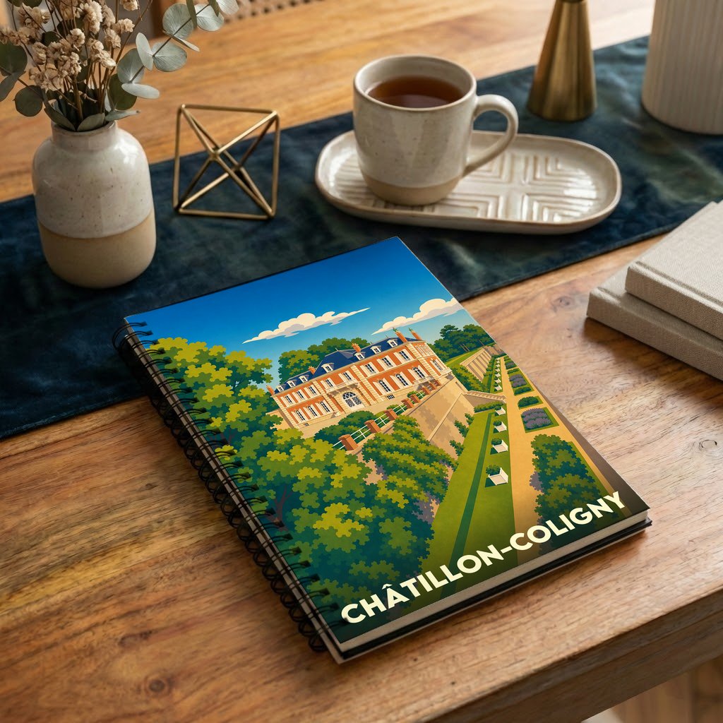 Carnet à spirales souvenir de la ville de Châtillon-Coligny avec une illustration stylisée de son château.