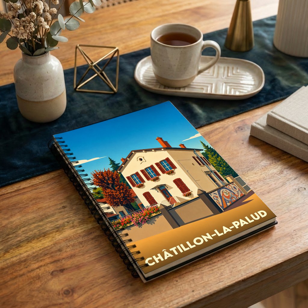 Carnet à spirales souvenir de la ville de Châtillon-la-Palud avec une illustration stylisée d'une maison traditionnelle.