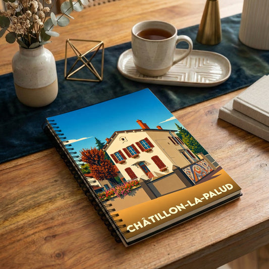 Carnet à spirales souvenir de la ville de Châtillon-la-Palud avec une illustration stylisée d'une maison traditionnelle.