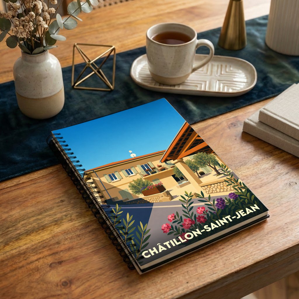 Carnet souvenir de la ville de Châtillon-Saint-Jean avec une illustration stylisée d'une maison ensoleillée et fleurie.