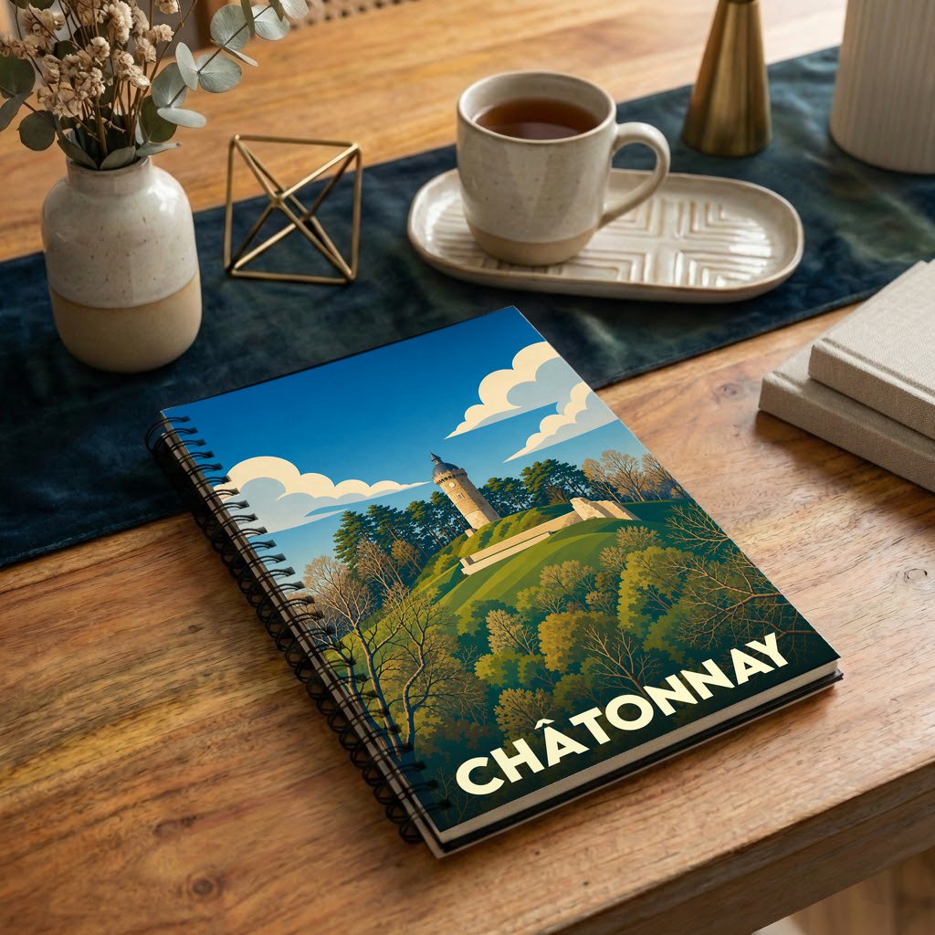 Carnet de notes à spirales souvenir de la ville de Châtonnay avec une illustration paysagère stylisée.