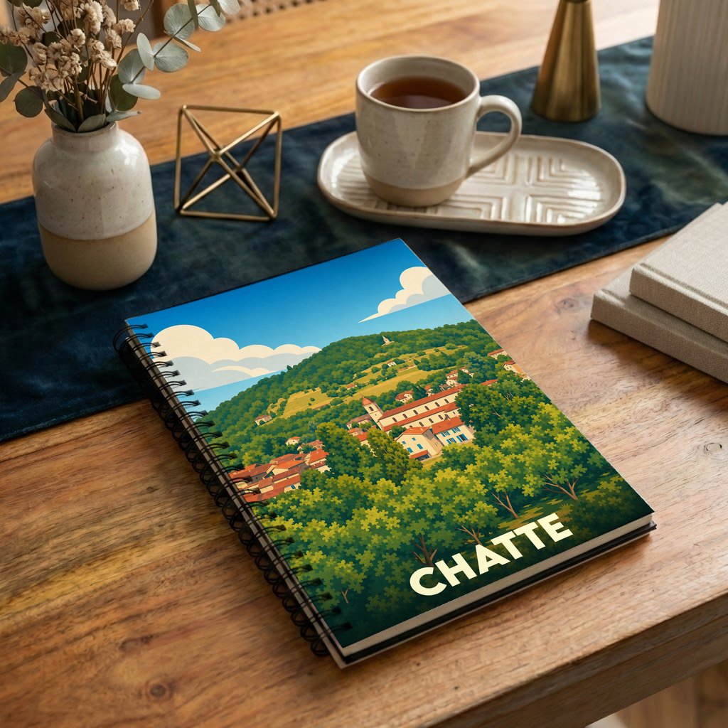 Carnet souvenir de la ville de Chatte avec une illustration stylisée d'un paysage vallonné.