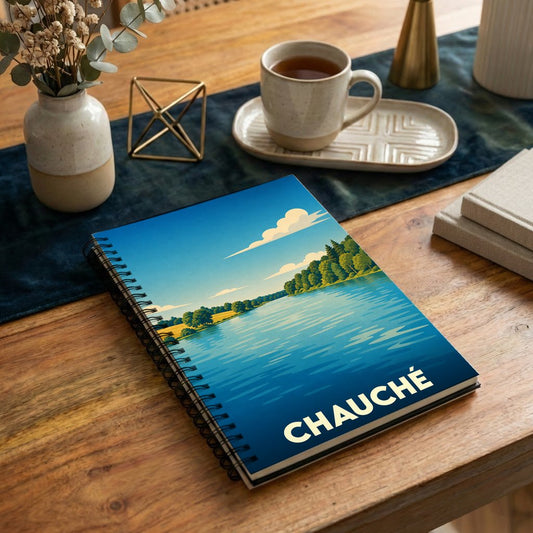 Carnet à spirales souvenir de la ville de Chauché avec une illustration stylisée de lac et de forêt.