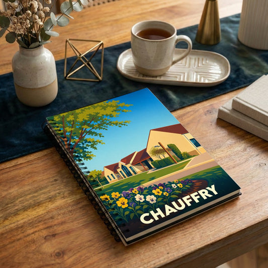 Carnet à spirales souvenir de la ville de Chauffry avec une illustration stylisée et colorée.
