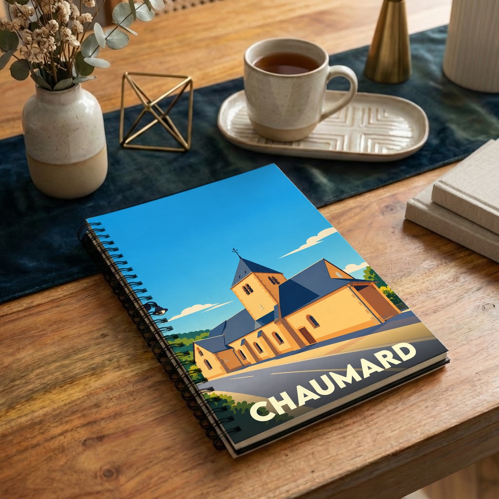 Carnet souvenir de la ville de Chaumard avec une illustration stylisée de son église.