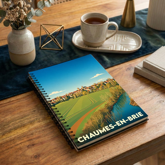 Carnet à spirales souvenir de la ville de Chaumes-en-Brie avec une illustration stylisée.