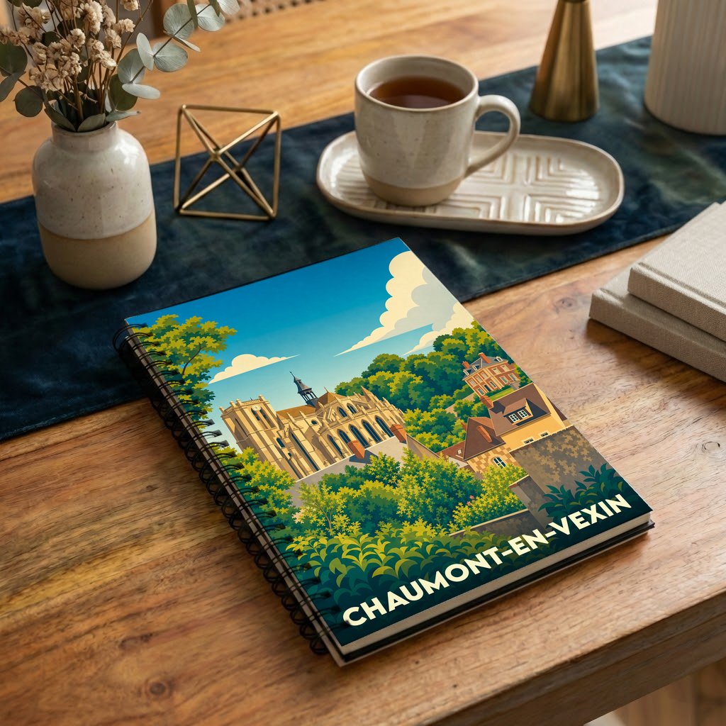 Carnet à spirale souvenir de la ville de Chaumont-en-Vexin avec une illustration stylisée de son patrimoine.