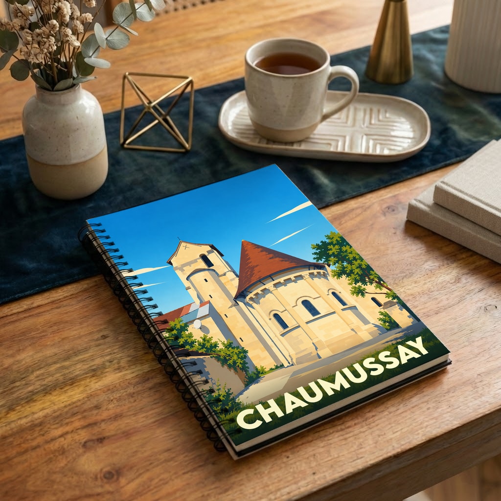 Carnet à spirales souvenir de la ville de Chaumussay avec une illustration stylisée de son église.