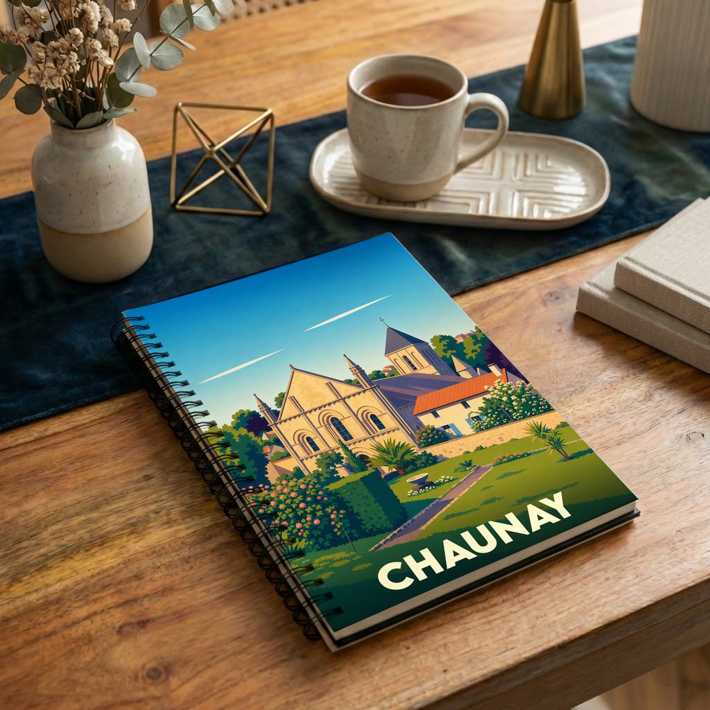 Carnet à spirales souvenir de la ville de Chaunay avec une illustration stylisée de son église et de ses jardins.