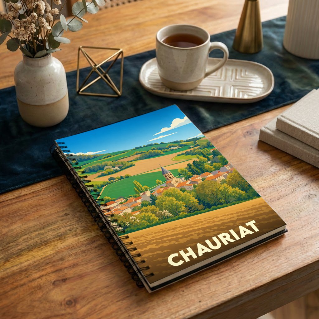 Carnet souvenir de la ville de Chauriat illustré d'un paysage champêtre au style rétro.