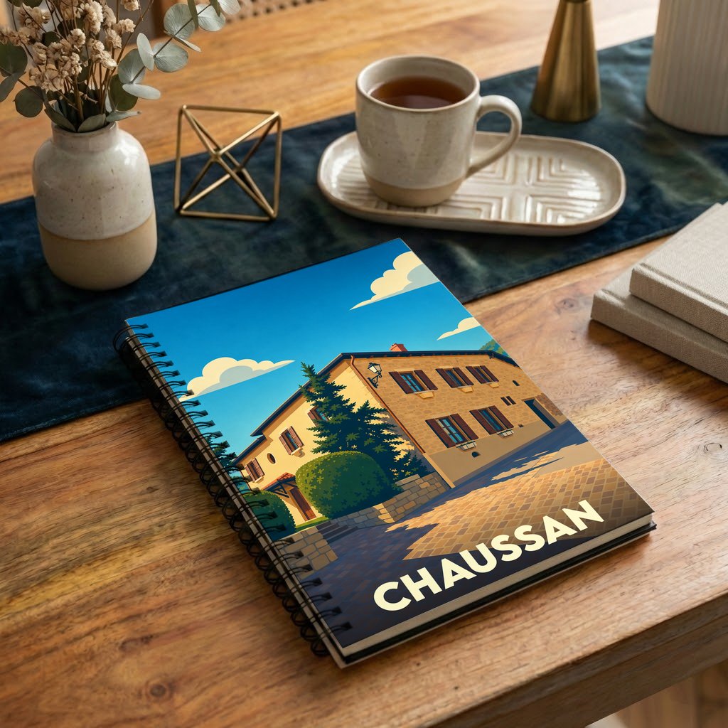 Carnet souvenir de la ville de Chaussan avec une illustration stylisée d'une maison traditionnelle.