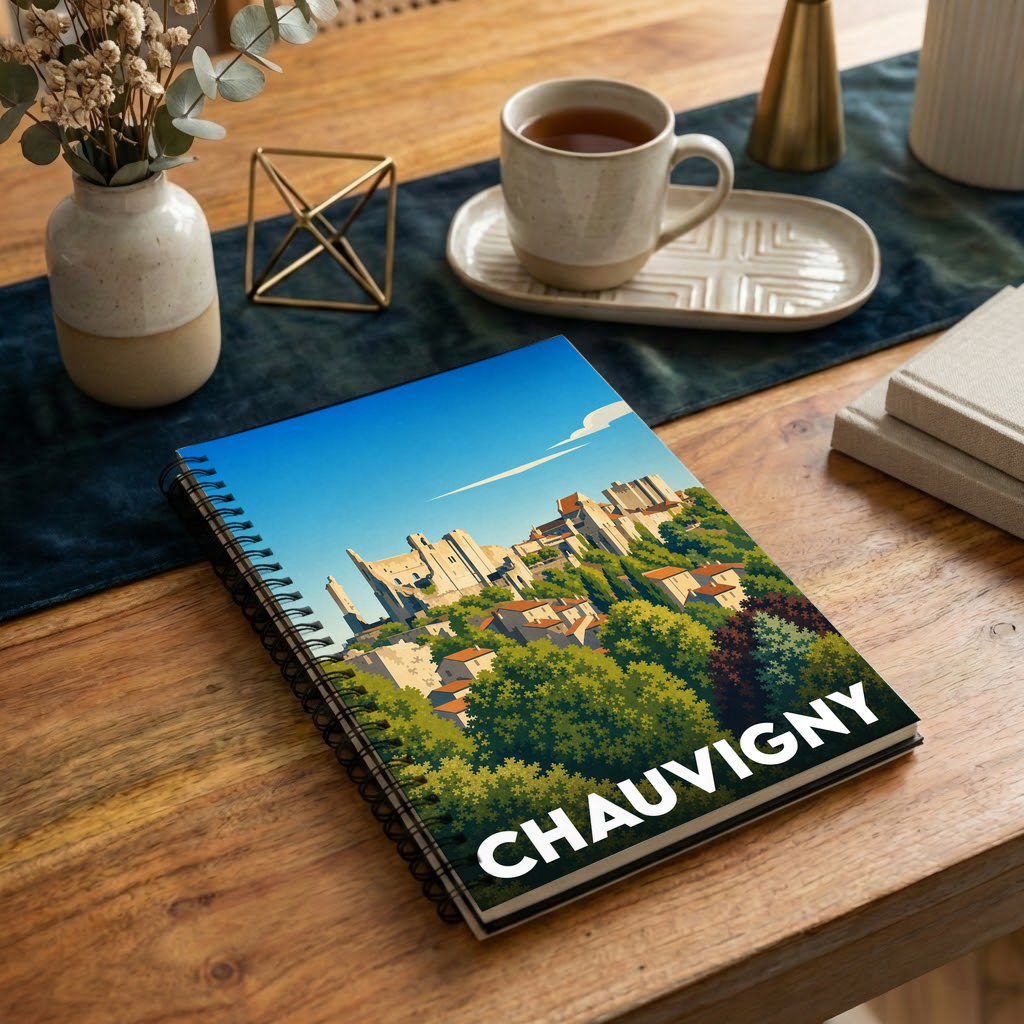 Carnet de notes à spirale avec une illustration stylisée des châteaux de la ville de Chauvigny.