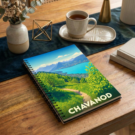 Carnet de notes à spirales souvenir de la ville de Chavanod avec une illustration stylisée de paysage alpin.