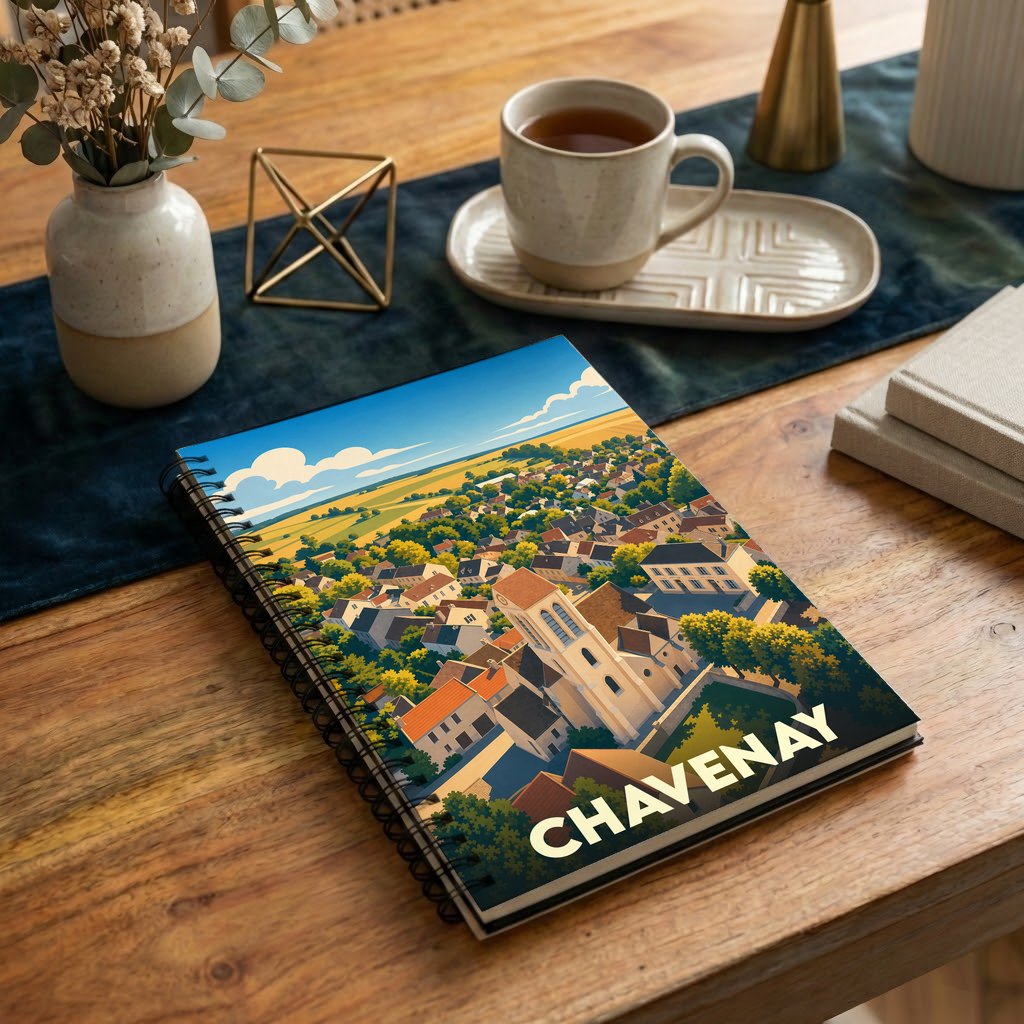 Carnet à spirales souvenir de la ville de Chavenay illustré d'une vue aérienne stylisée et colorée.