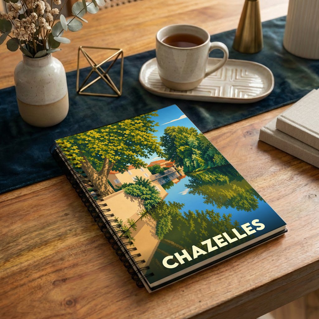 Carnet à spirales souvenir de la ville de Chazelles avec une illustration stylisée de ses paysages verdoyants en bord d'eau.