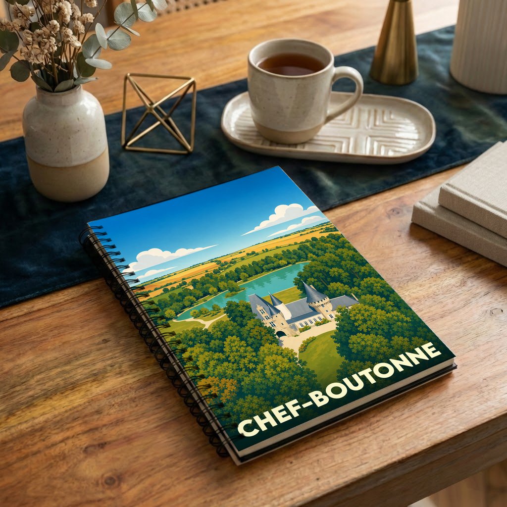 Carnet à spirales souvenir de Chef-Boutonne avec une illustration stylisée du château de Javarzay.