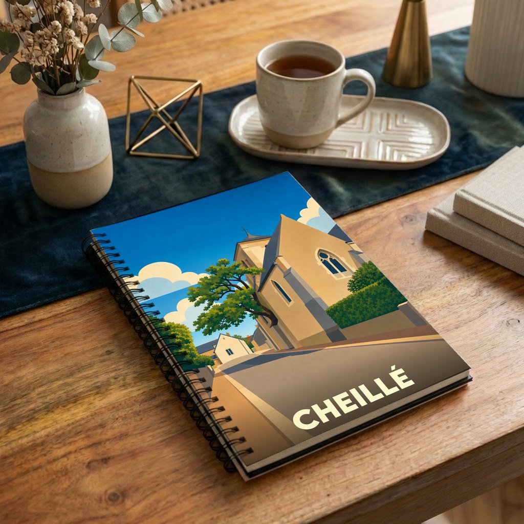 Carnet souvenir de la ville de Cheillé avec une illustration stylisée.