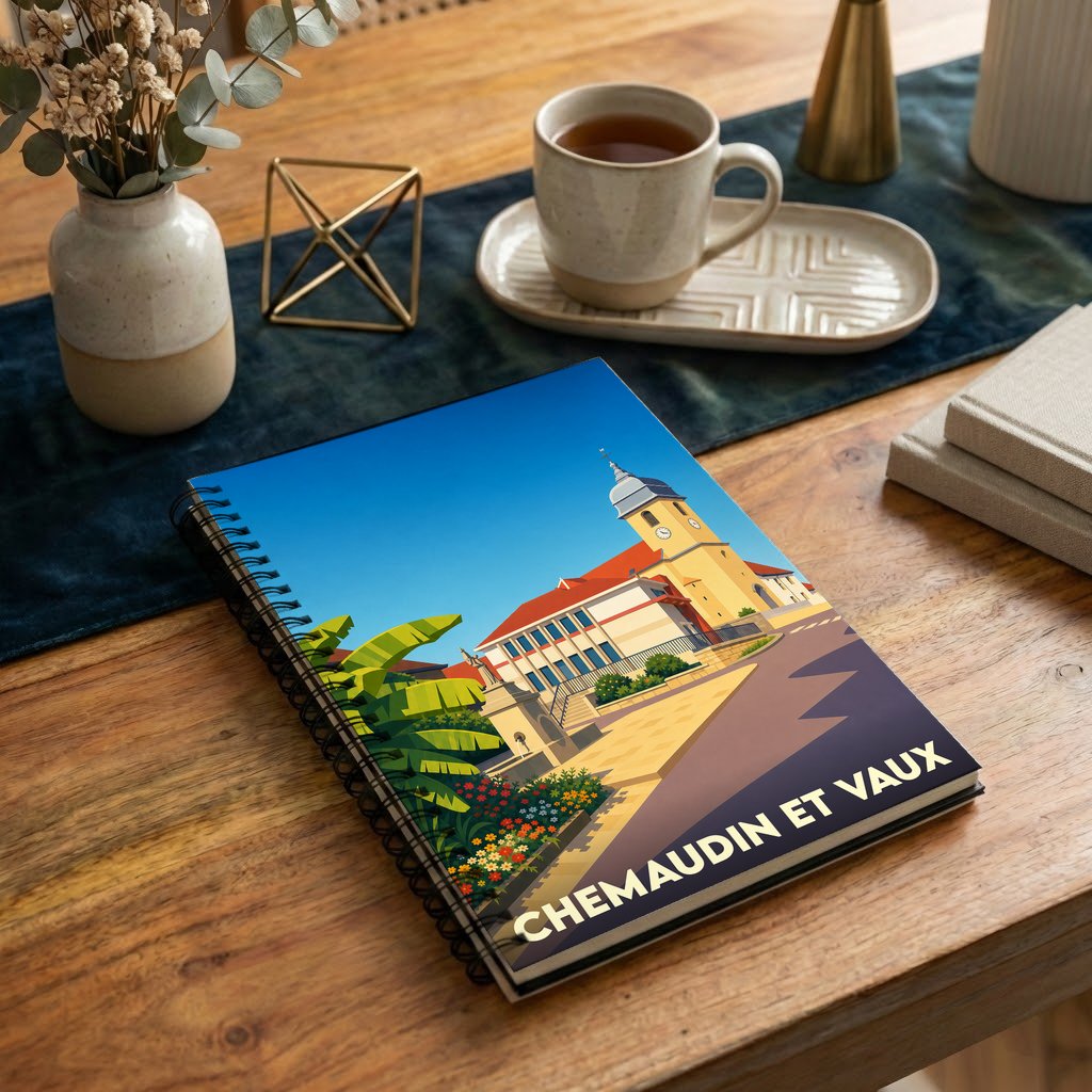 Carnet à spirales souvenir de la ville de Chemaudin et Vaux illustré par une vue stylisée de son église.