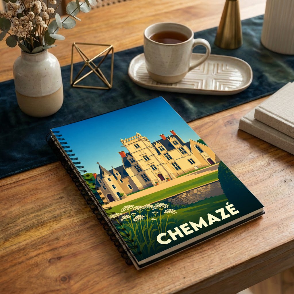 Carnet à spirales souvenir de la ville de Chemazé avec une illustration stylisée de son château.