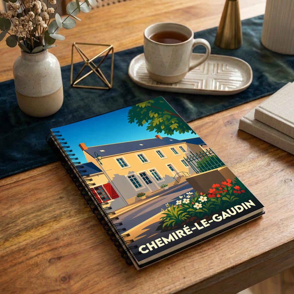 Carnet souvenir de la ville de Chemiré-le-Gaudin avec une illustration stylisée.