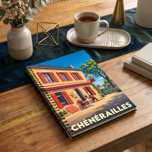 Carnet de notes souvenir de la ville de Chénérailles avec une illustration colorée et stylisée de sa façade.