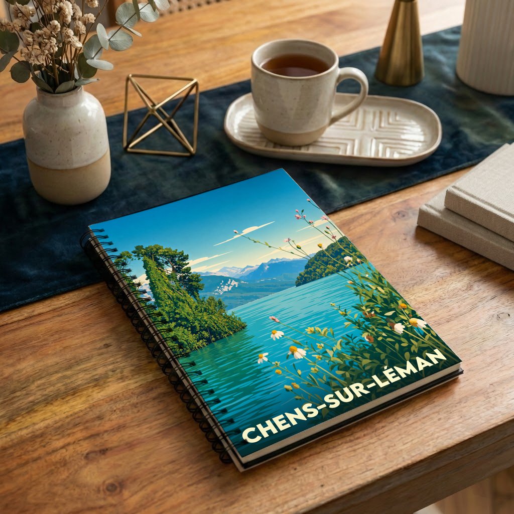 Carnet souvenir de la ville de Chens-sur-Léman avec une illustration stylisée du lac et des montagnes.