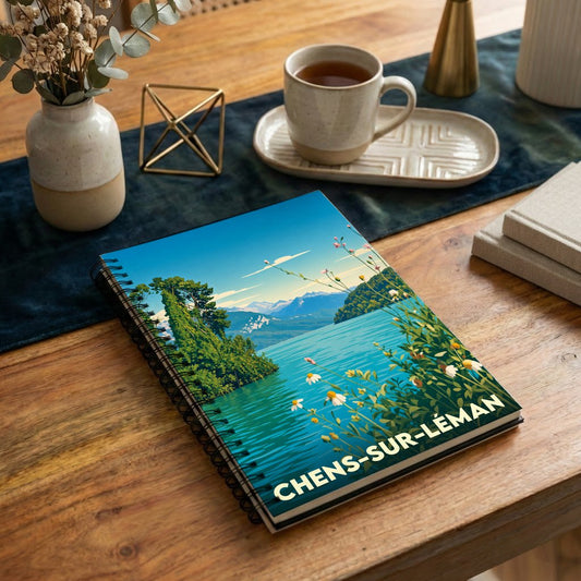 Carnet souvenir de la ville de Chens-sur-Léman avec une illustration stylisée du lac et des montagnes.