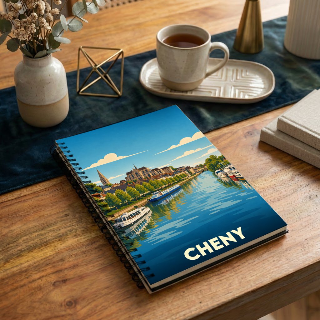 Carnet à spirales souvenir de la ville de Cheny avec une illustration stylisée des bords de l'Yonne.