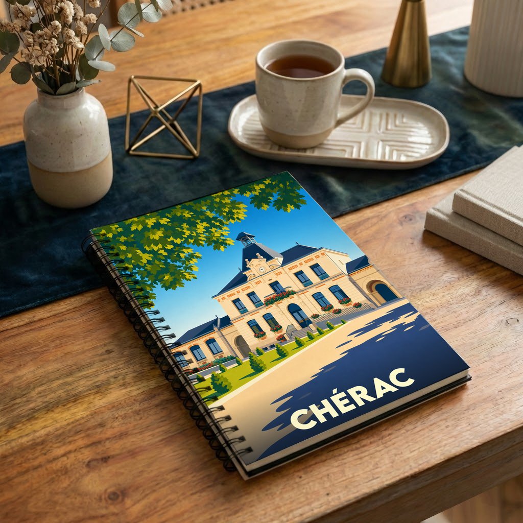 Carnet de notes à spirales souvenir de la ville de Chérac, orné d'une illustration stylisée de son hôtel de ville.