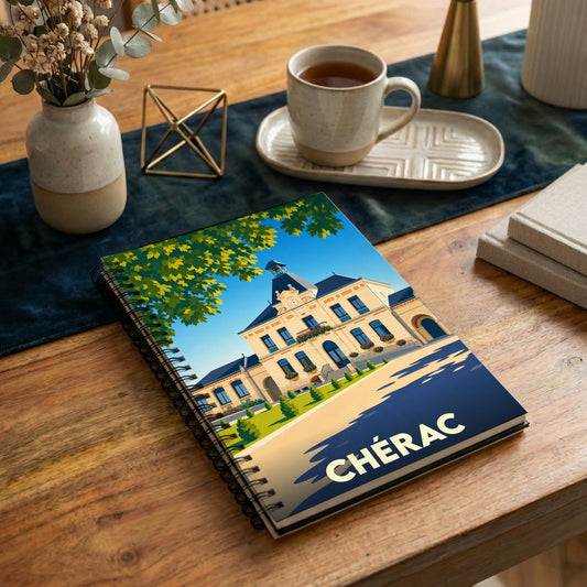 Carnet de notes à spirales souvenir de la ville de Chérac, orné d'une illustration stylisée de son hôtel de ville.