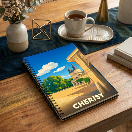 Carnet souvenir de la ville de Cherisy avec une illustration stylisée d'un château sous un ciel bleu.