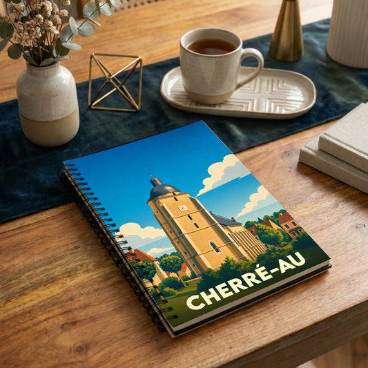 Carnet souvenir de la ville de Cherré-Au avec une illustration stylisée de son église.