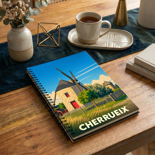 Carnet souvenir de la ville de Cherrueix avec une illustration stylisée d'un moulin.