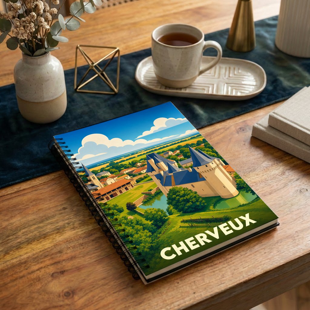 Carnet de notes à spirales souvenir de la ville de Cherveux avec une illustration stylisée de son château.