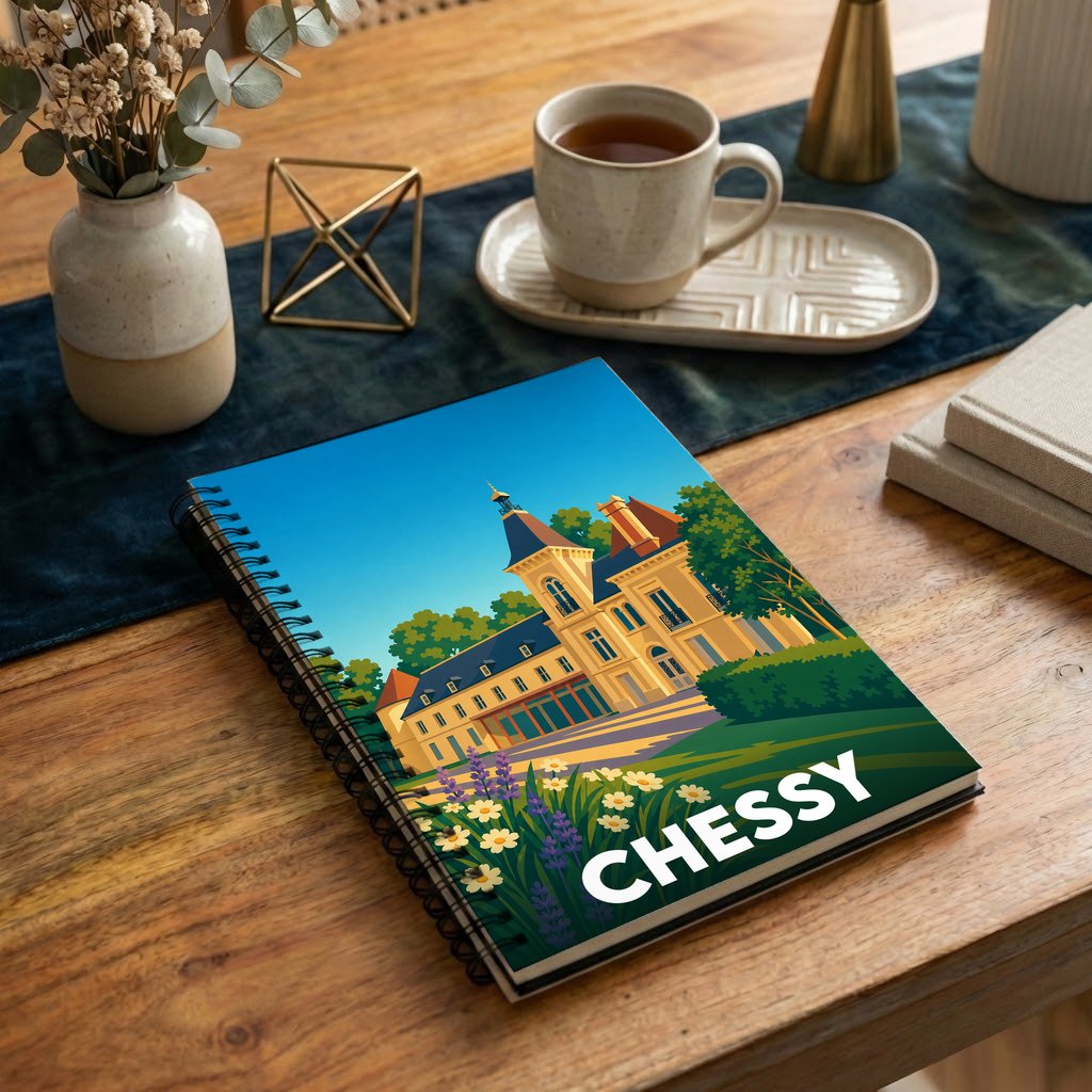 Carnet souvenir de la ville de Chessy avec une illustration stylisée d'un château.