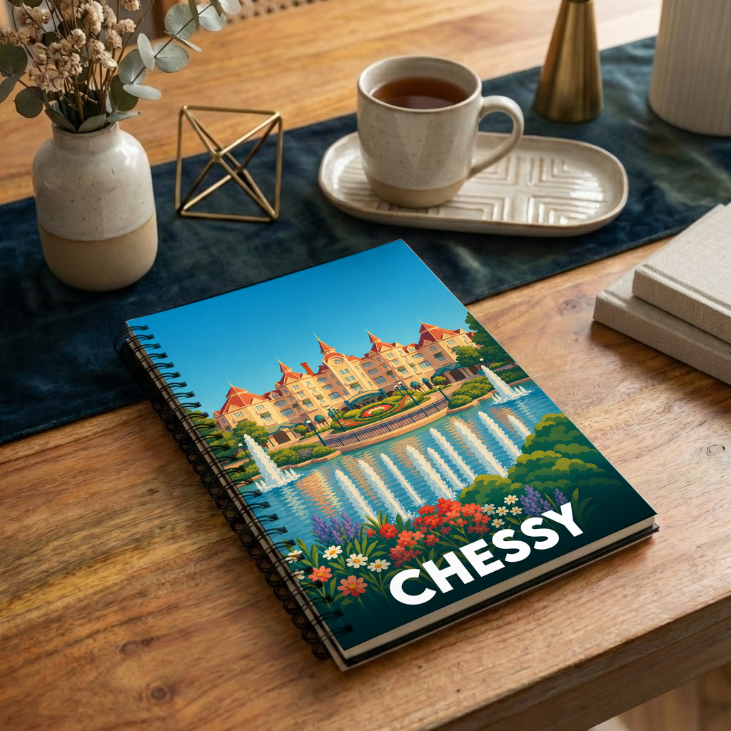 Carnet souvenir de la ville de Chessy avec une illustration colorée du Disneyland Hotel et de ses fontaines.