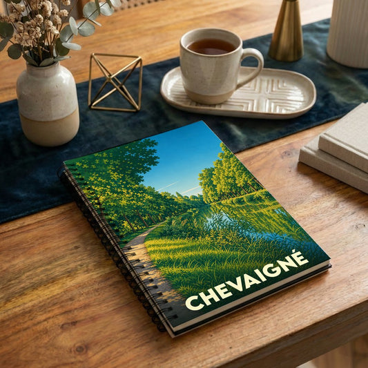 Carnet souvenir de la ville de Chevaigné avec une illustration stylisée représentant un paysage de bord de rivière.