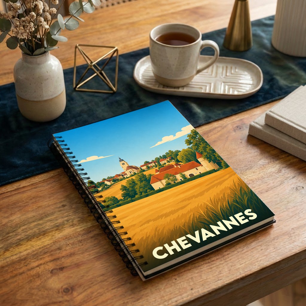 Carnet à spirales souvenir de la ville de Chevannes avec une illustration stylisée de son paysage rural.