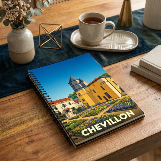 Carnet à spirales souvenir de la ville de Chevillon avec une illustration stylisée.