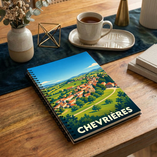 Carnet à spirales souvenir de la ville de Chevrières avec une illustration de paysage stylisée.