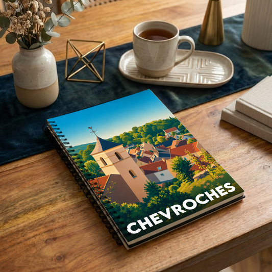 Carnet souvenir de la ville de Chevroches avec une illustration stylisée.