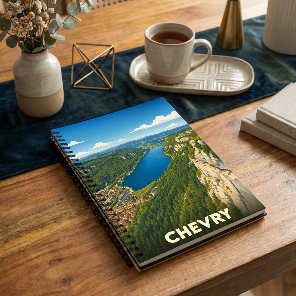 Carnet souvenir de la ville de Chevry avec une illustration stylisée d'un paysage de lac et de montagnes.