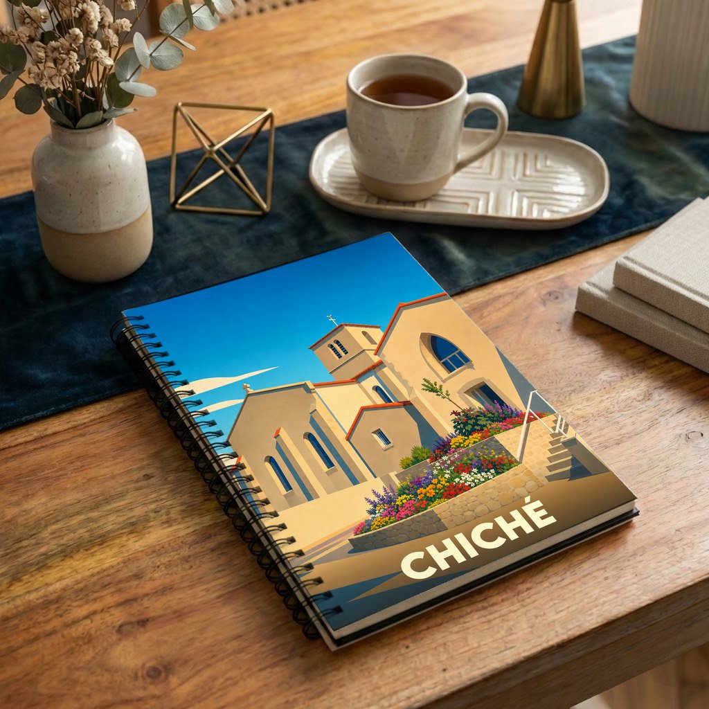 Carnet de notes à spirales souvenir de la ville de Chiché avec une illustration stylisée de son église fleurie.