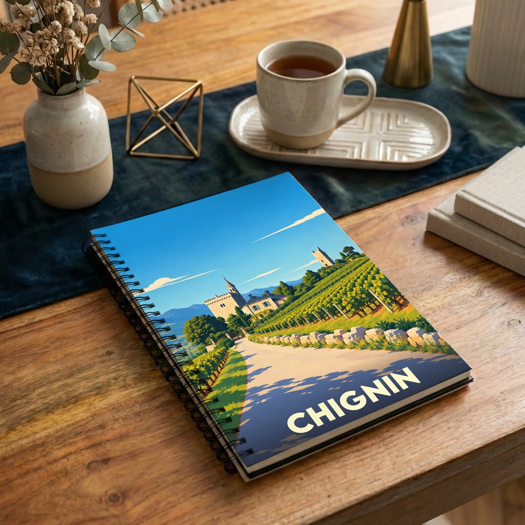 Carnet souvenir de la ville de Chignin illustré d'un paysage de vignobles et de montagnes.
