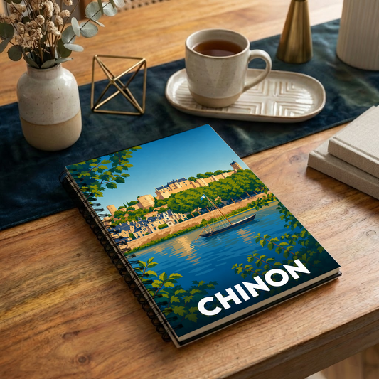 Carnet souvenir de la ville de Chinon avec une illustration stylisée des bords de la Vienne.