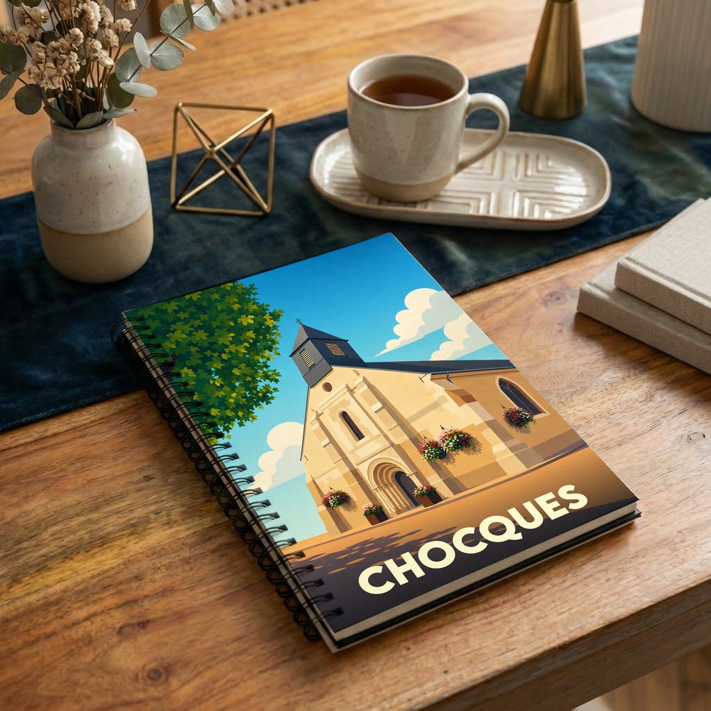 Carnet de notes souvenir de la ville de Chocques avec une illustration stylisée d'une église sous un ciel bleu.